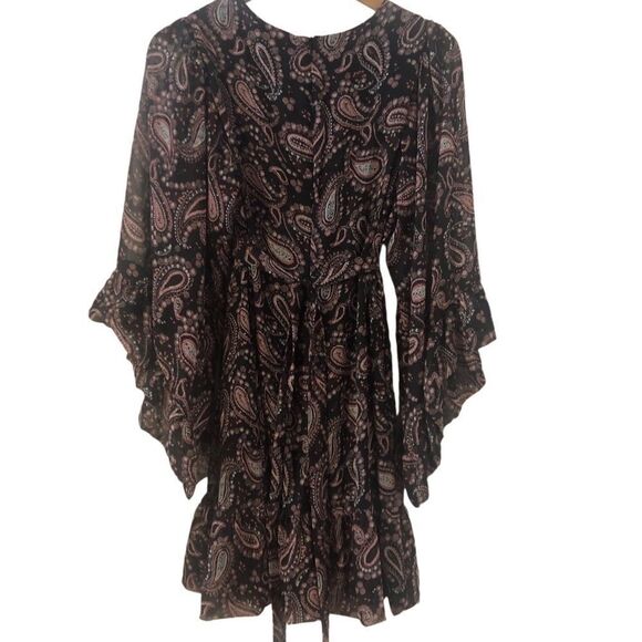 Betsy Johnson Bambi Black/Pink Paisley Ruffle Hem Vneck Flared Bell Sleeve Sz 10 - Picture 5 of 6
